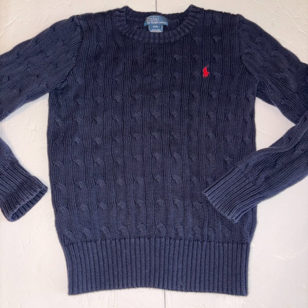 Boys Polo Ralph Lauren 100% Cotton Cable Knit Navy Blue Sweater Red Horse size 8 - Picture 3 of 8